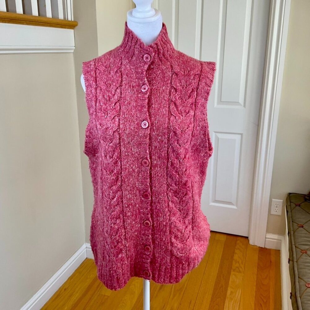 LL Bean Sweater Vest Womens Button Front Shawl Collar Wool Blend Red Pink (XL)